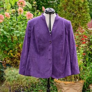 JM Collection Purple Faux Suede Jacket, 3 button closure. Upright collar, V-neck